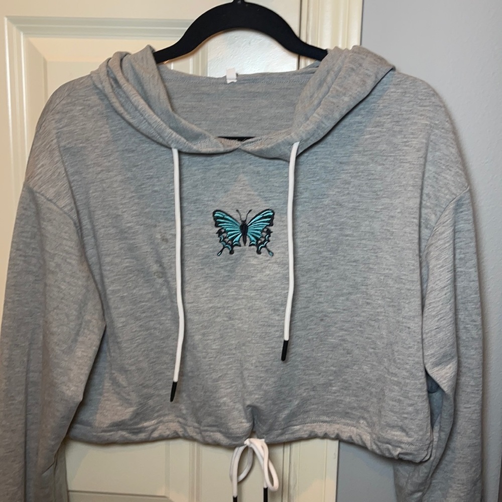 Crop top hoodie, knitted blue butterfly.